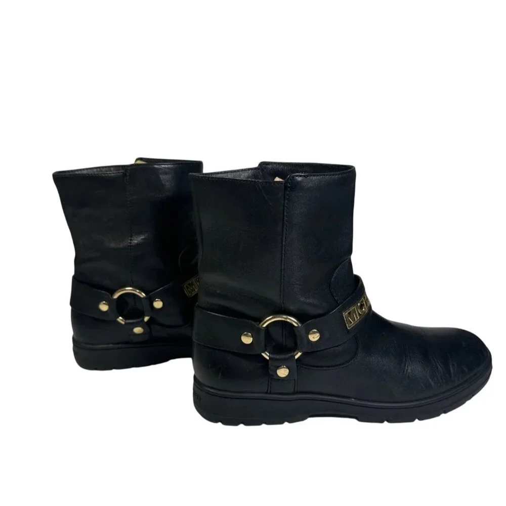 MICHAEL KORS ESSEX ICONIC BLACK GOLD LOGO MOTO BIKER BOOTS Size 7M - Picture 6 of 12